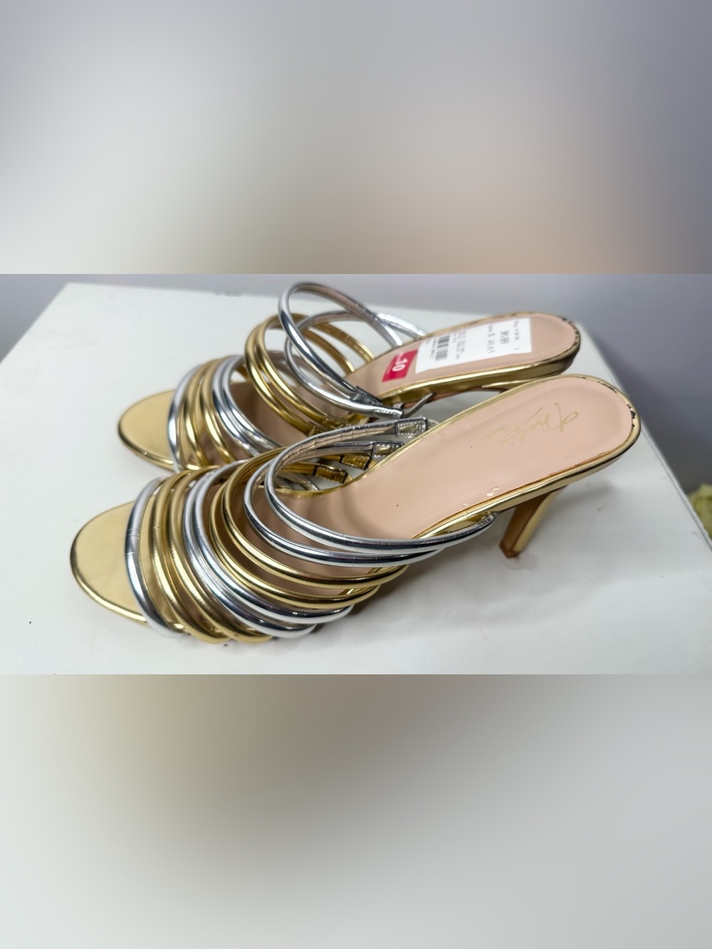 Thalia Sodi Gold and Silver Strappy Heel Mules-10